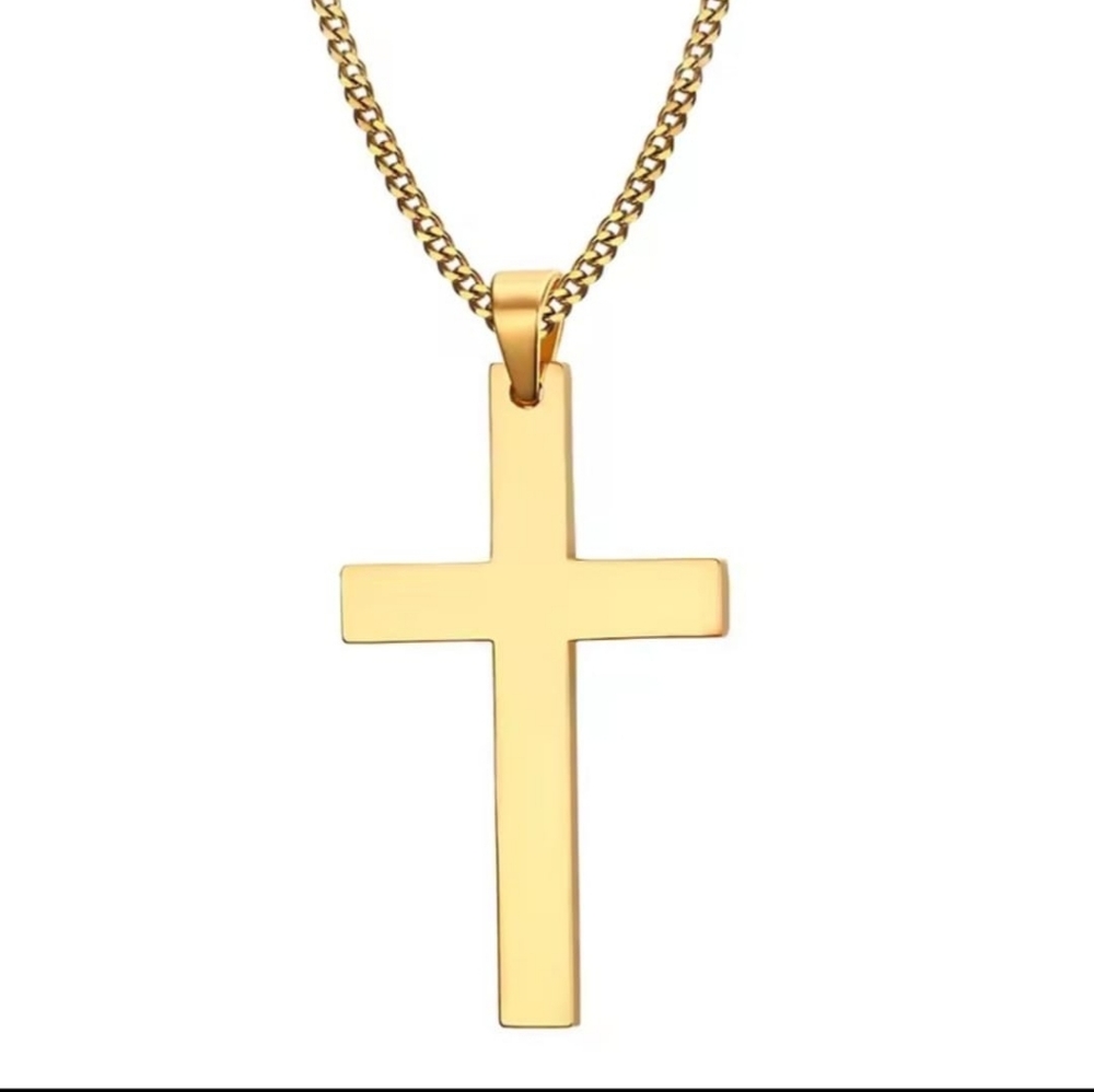 Yellow Gold Stainless Steel Cross Pendant Necklace 🆕 Chain 24in Cross 2 x 1.2